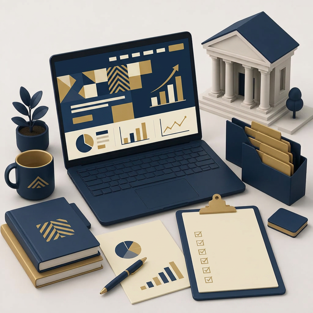 3D illustration of a business command center with laptop and documents