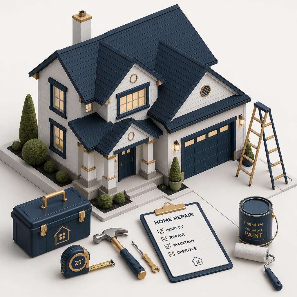3D illustration of a home with repair tools, ladder, and checklist